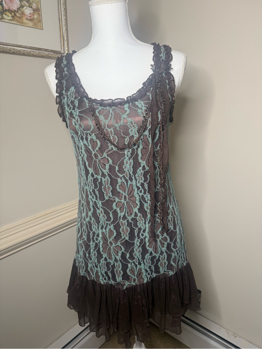 Altar'd State Mini Dress in Brown and Teal with Lace Accents & Bustle